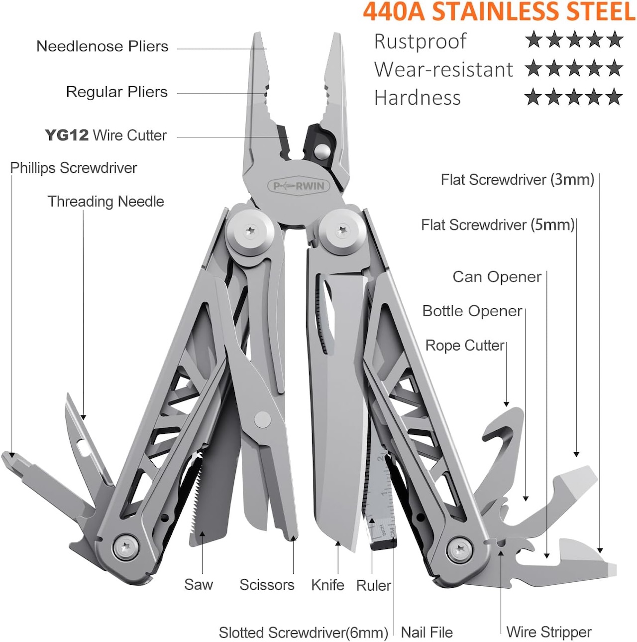 PERWIN Multitool 17-in-1 Stainless Steel Multi Tool Pliers D