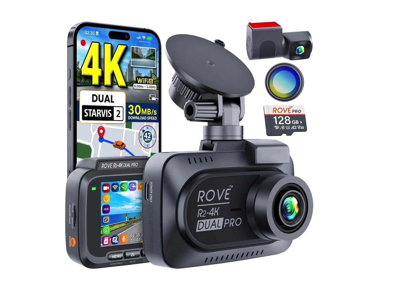 ROVE R2-4K Dual PRO Dash Cam Front and Rear