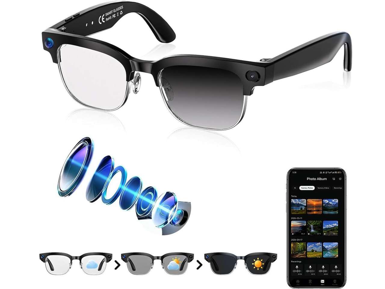 SGUKZF AI Smart Glasses with 4K camera EIS anti-shake and photochromic lenses