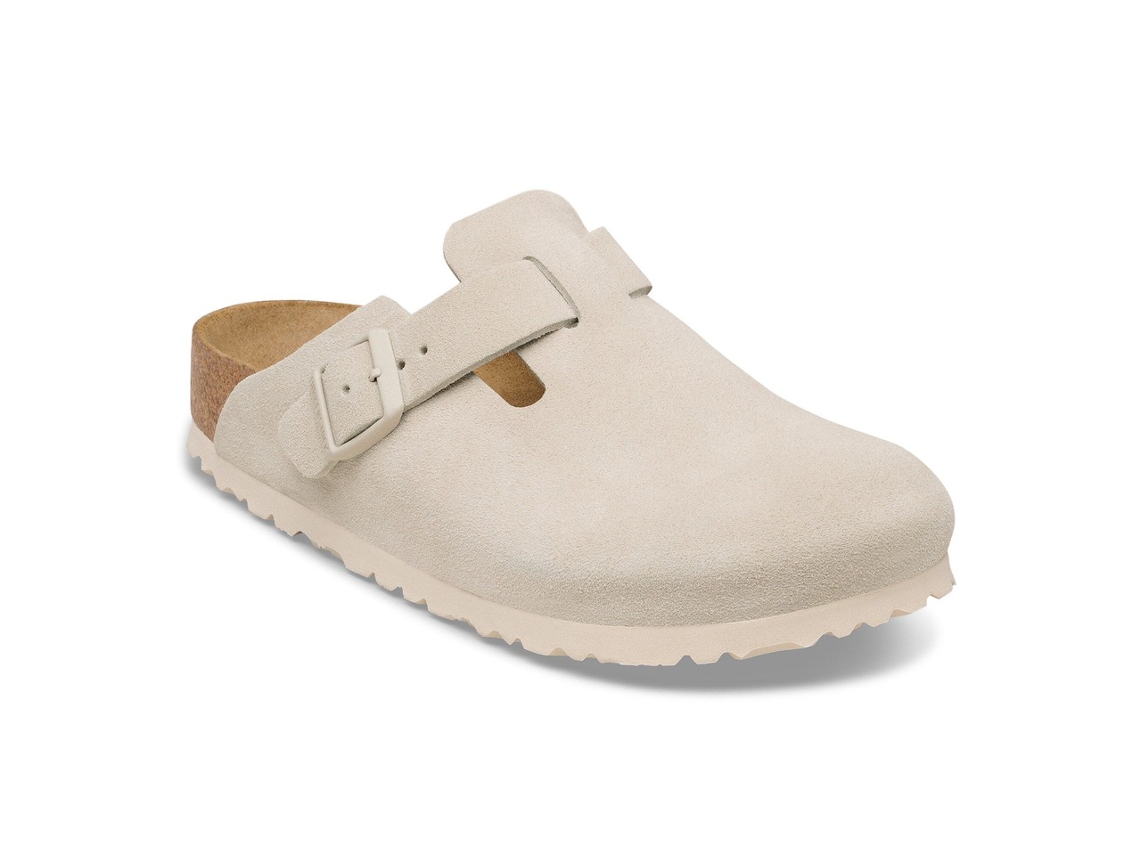 Boston Suede Leather in Taupe on a paved surface, official Birkenstock product image