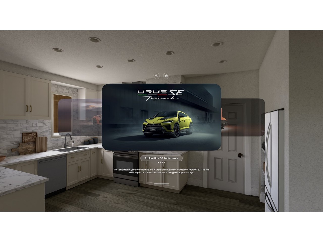 Lamborghini says Shared Space mode can place a digital car inside your own room on Apple Vision Pro.