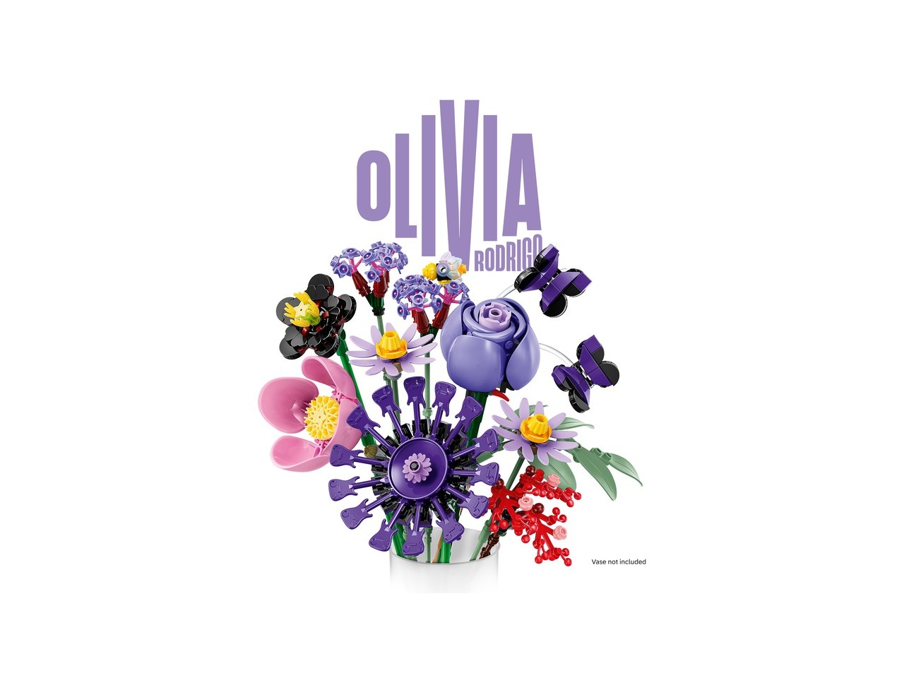 Official LEGO product image of the Olivia Rodrigo Flower Bouquet with purple flowers and guitar-inspired petals.
