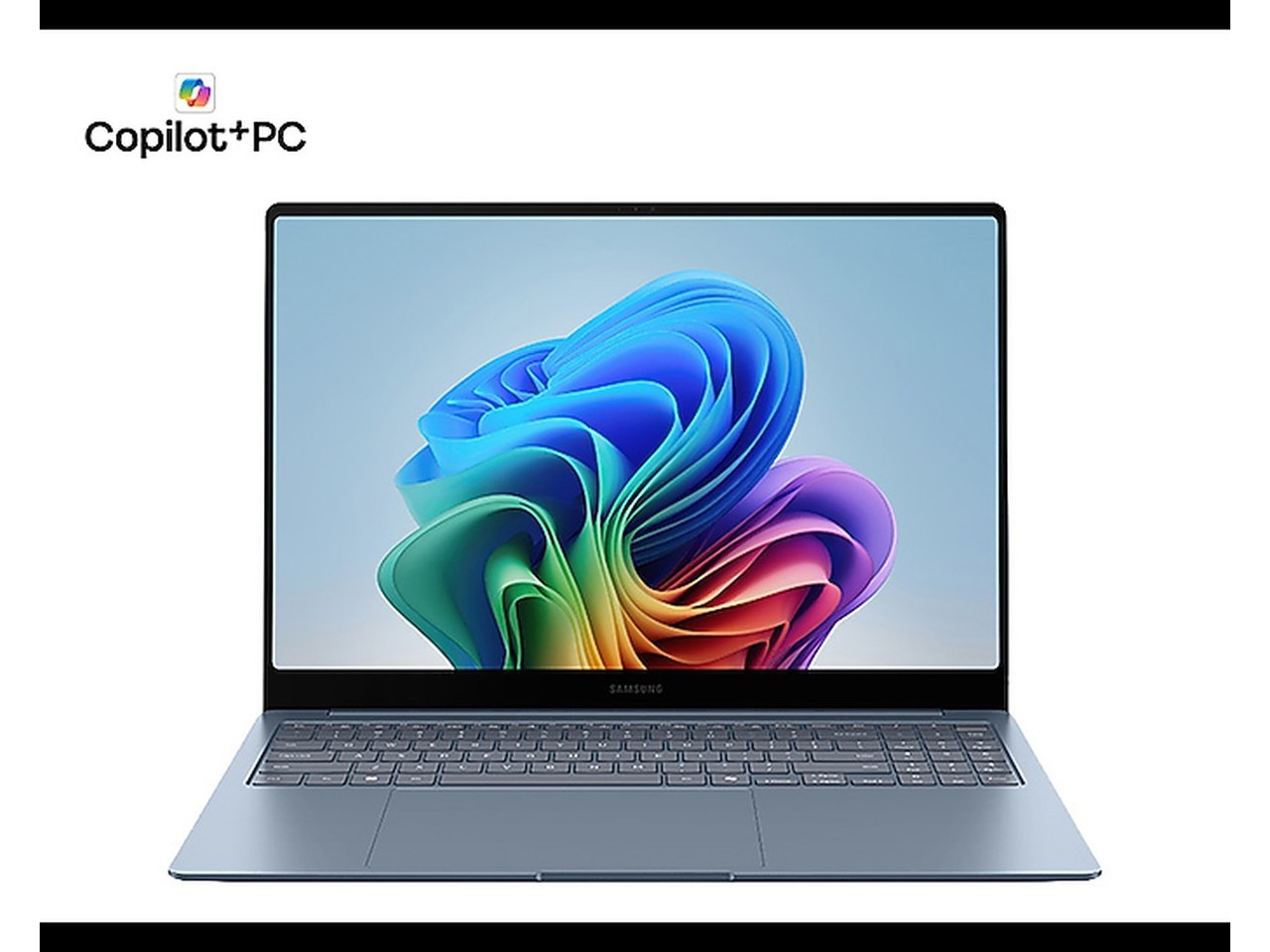Samsung Galaxy Book6 Edge shown open in Gray Blue on an official product background.