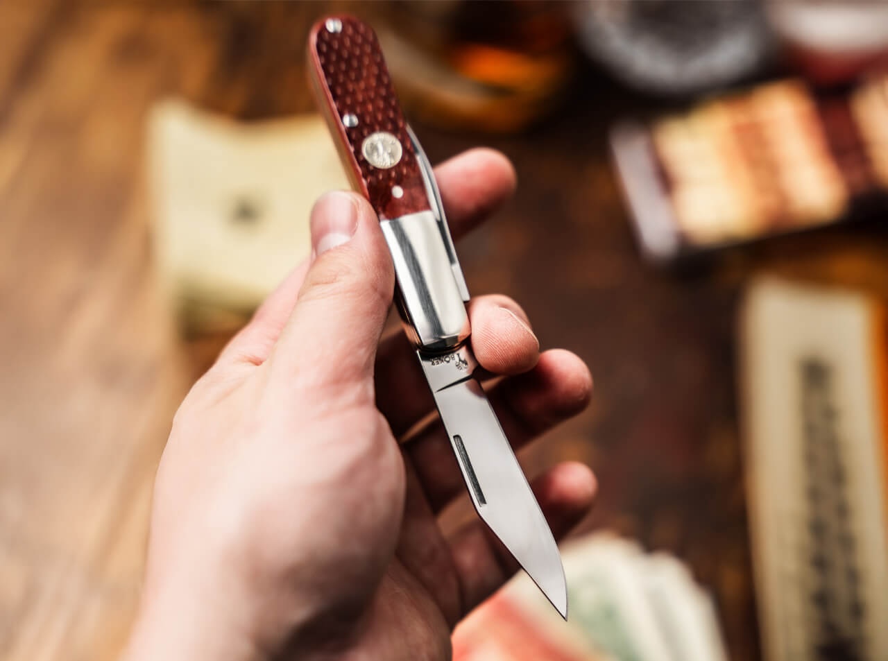 Boker Barlow Pocket Knife Checkered Brown Bone