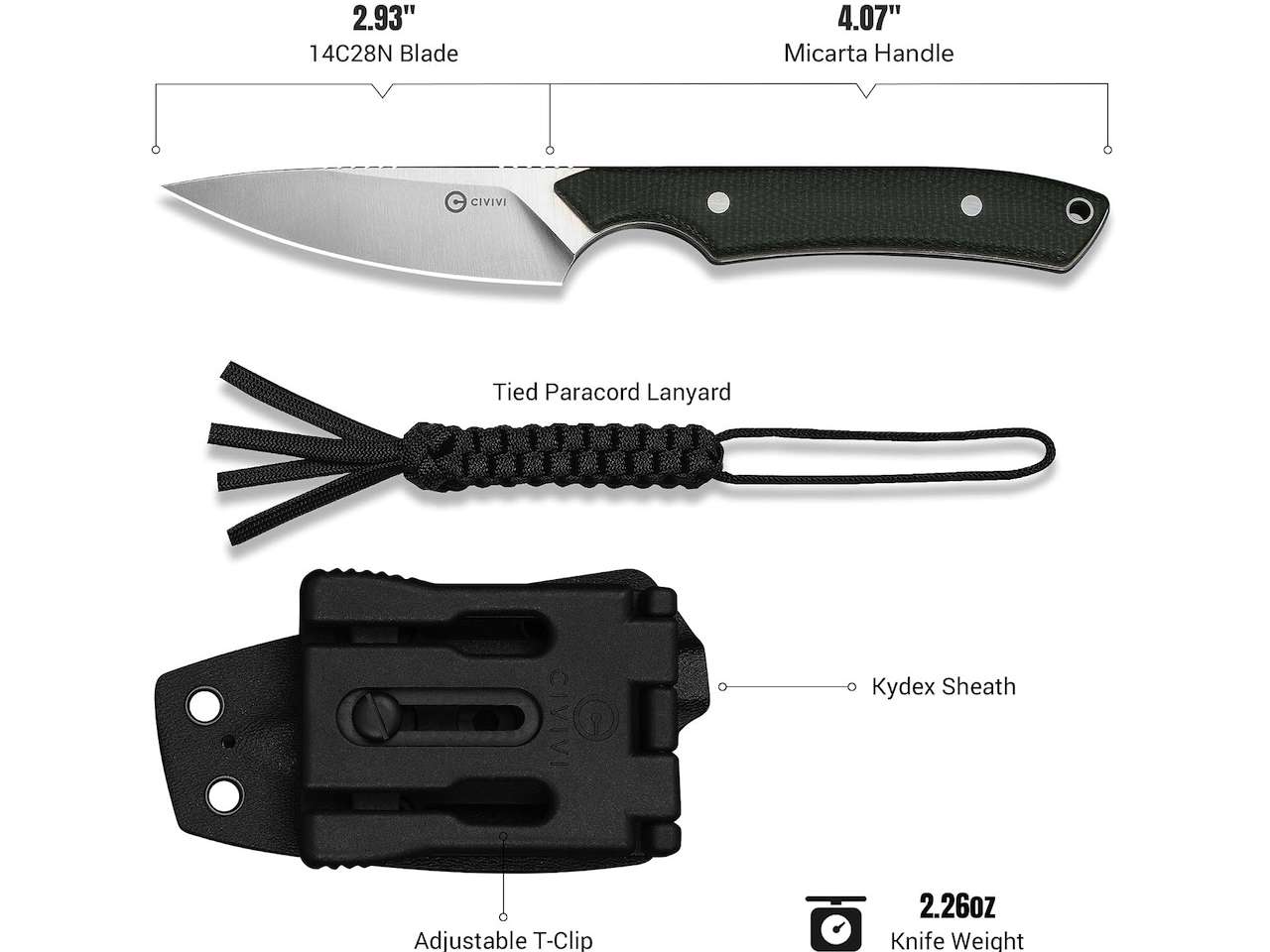 CIVIVI Hunting Fixed Blade Knife with Sheath Specs