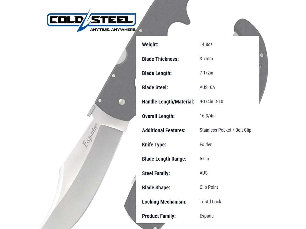Cold Steel Espada AUS10A Steel Ultra-Sharp Specs