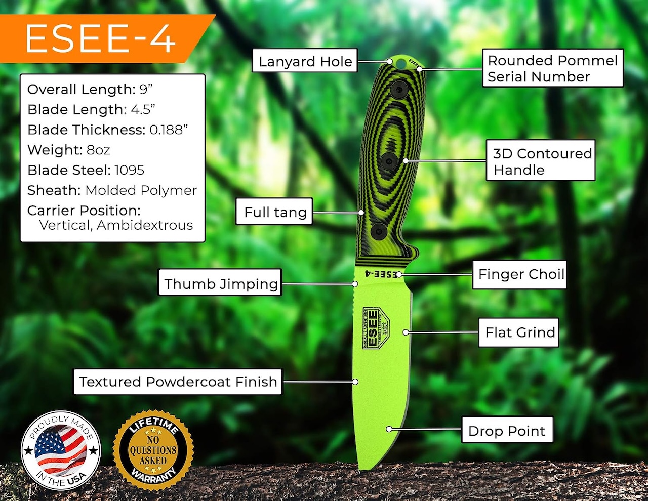 ESEE-4 1095 Carbon Steel Black Sheath Venom Green Blade Neon Green Black G10 3D Handle