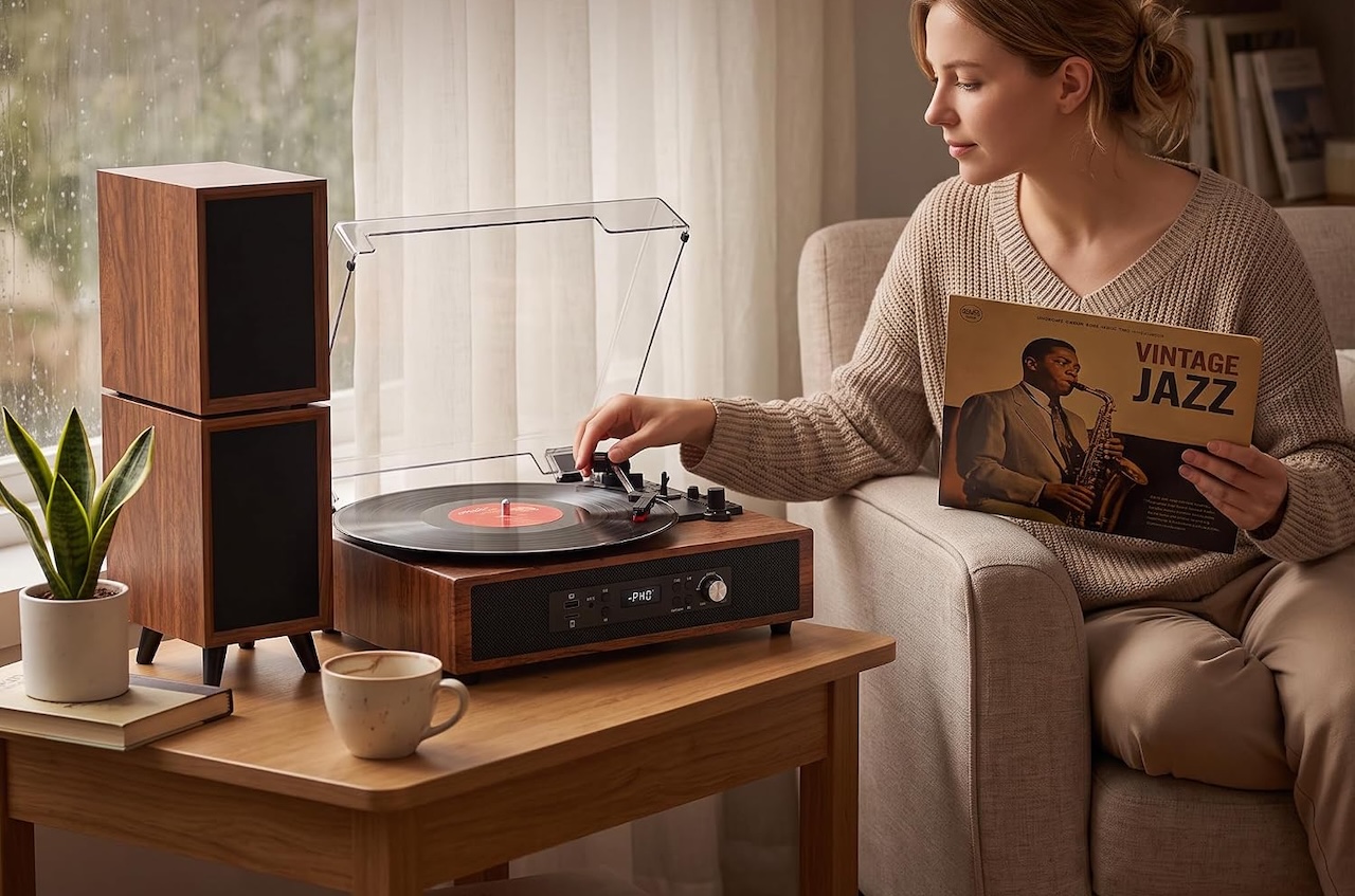 Vinyl Record Player with 6 Speakers HiFi Sound 4+2 External Stereo Speakers