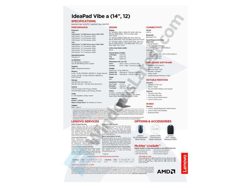 Attached Lenovo IdeaPad Vibe 14 inch leaked specification sheet, fitted to a 1280 by 960 landscape canvas without cropping specification text.
