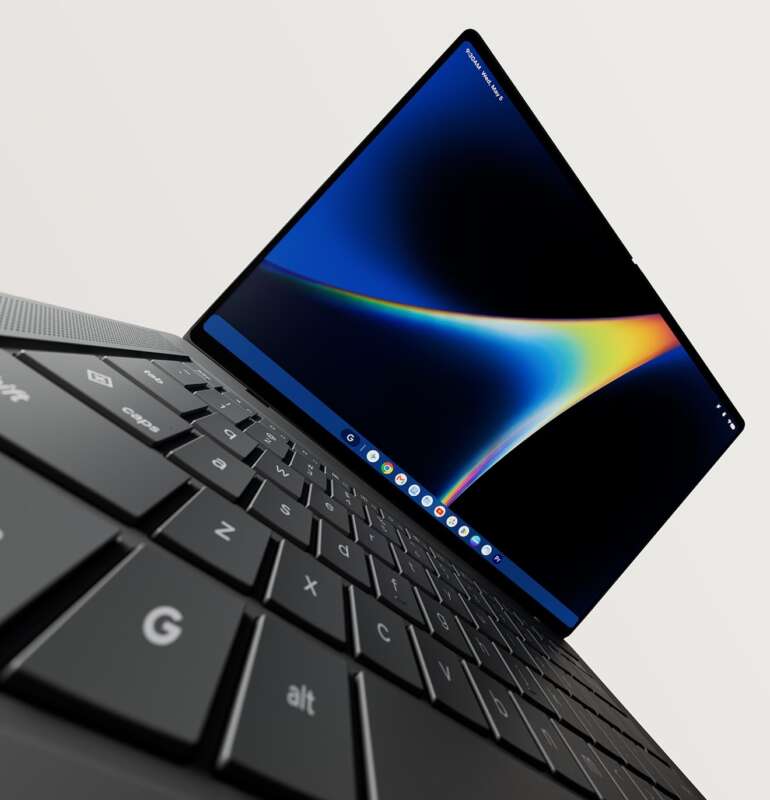 Angled view of the ASUS Googlebook 14 OLED screen and keyboard