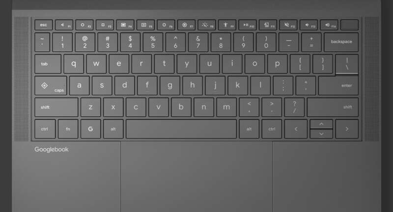 Overhead view of the ASUS Googlebook 14 keyboard and touchpad