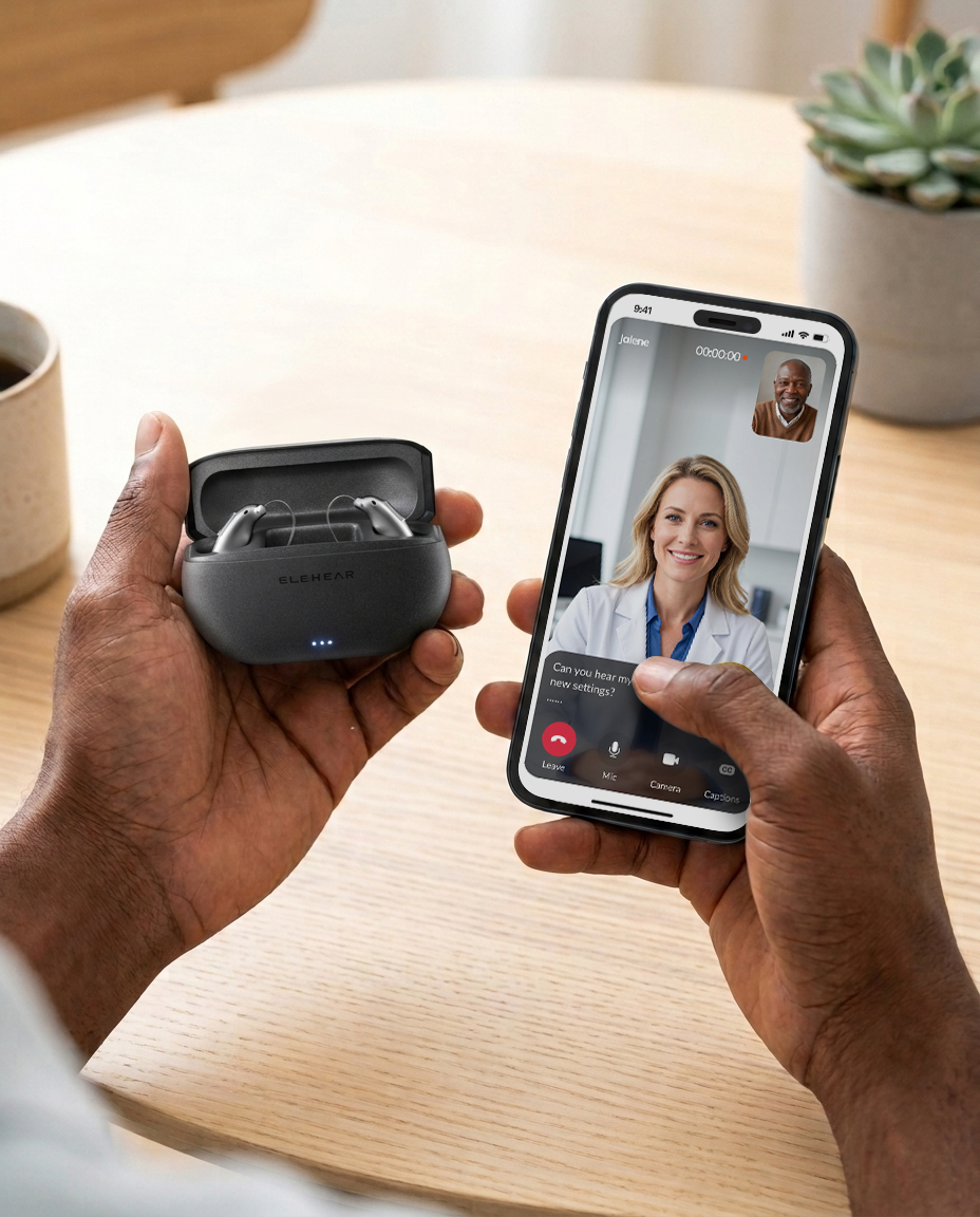 A phone video call beside the hearing aid charging case.