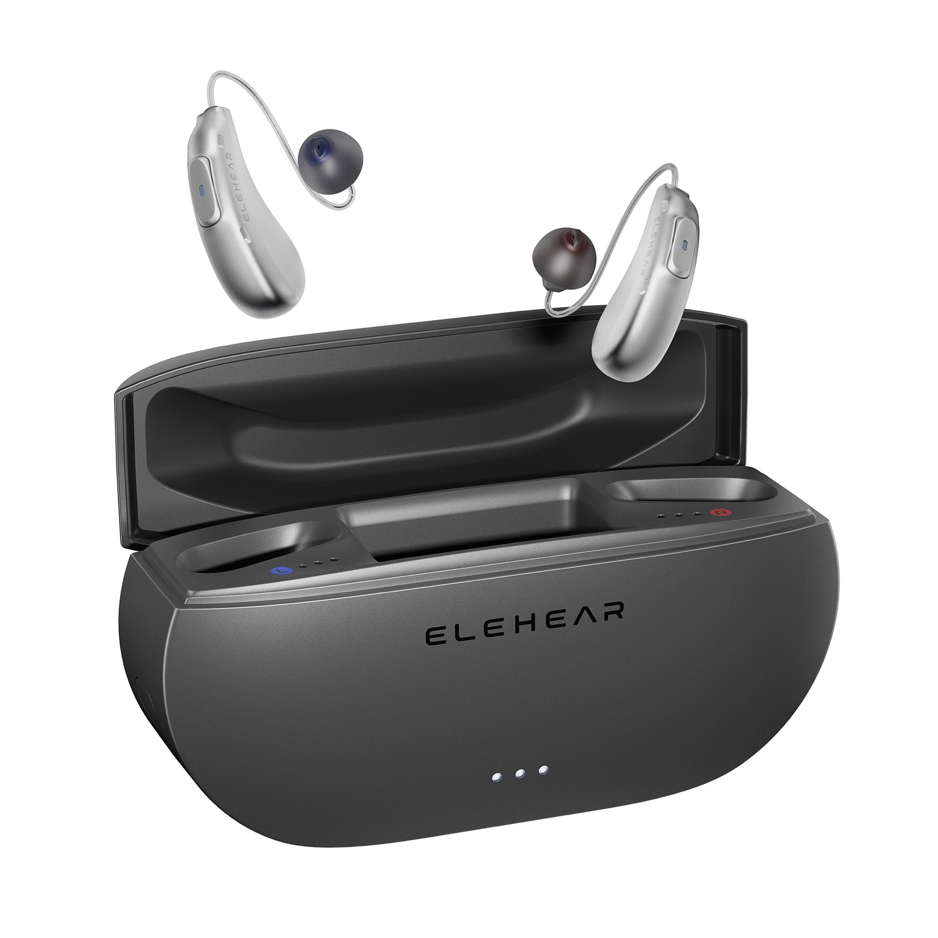 Beyond 2 Pro hearing aids above their open charging case.