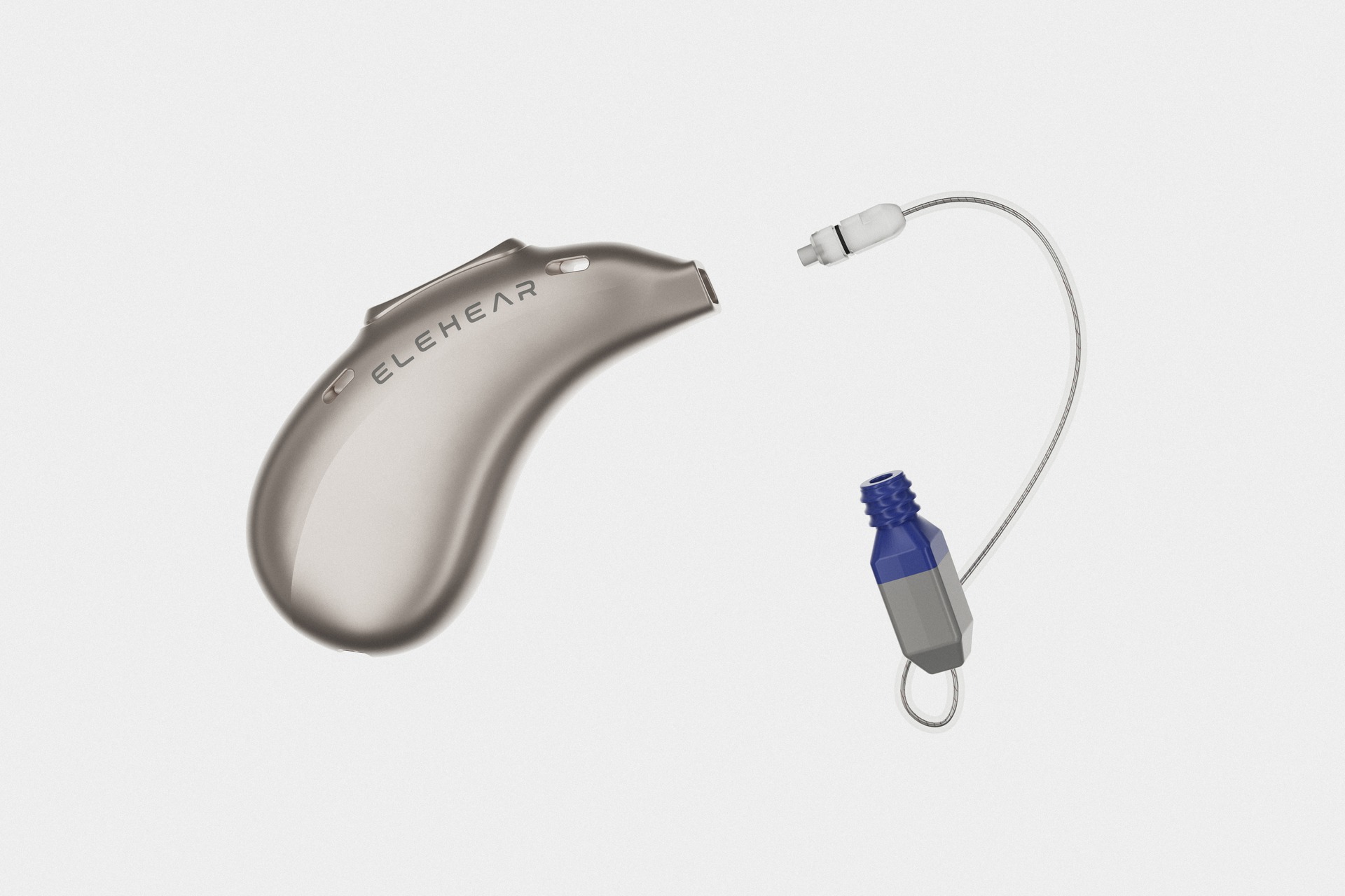 Exploded render of an ELEHEAR Beyond2Pro hearing aid body and separate receiver wire assembly.
