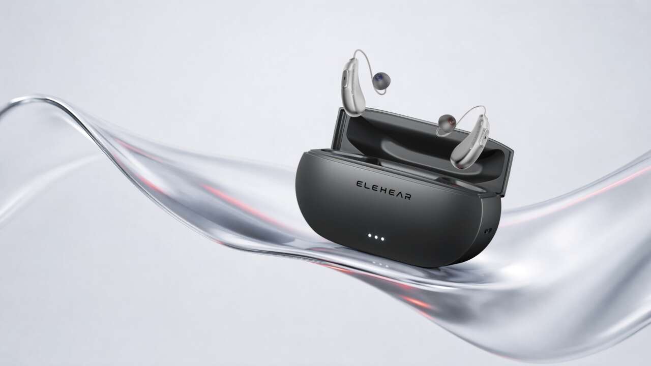 ELEHEAR Beyond2Pro hearing aids positioned in an open charging case.