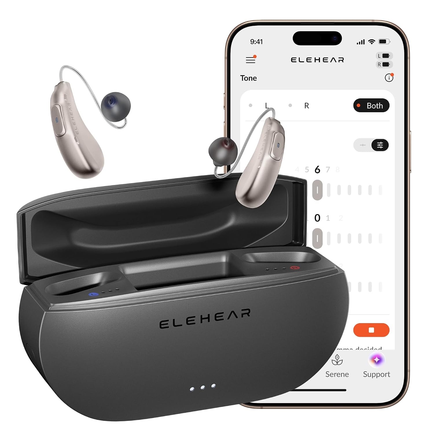 Beyond 2 Pro hearing aids and charging case beside the ELEHEAR tone controls.