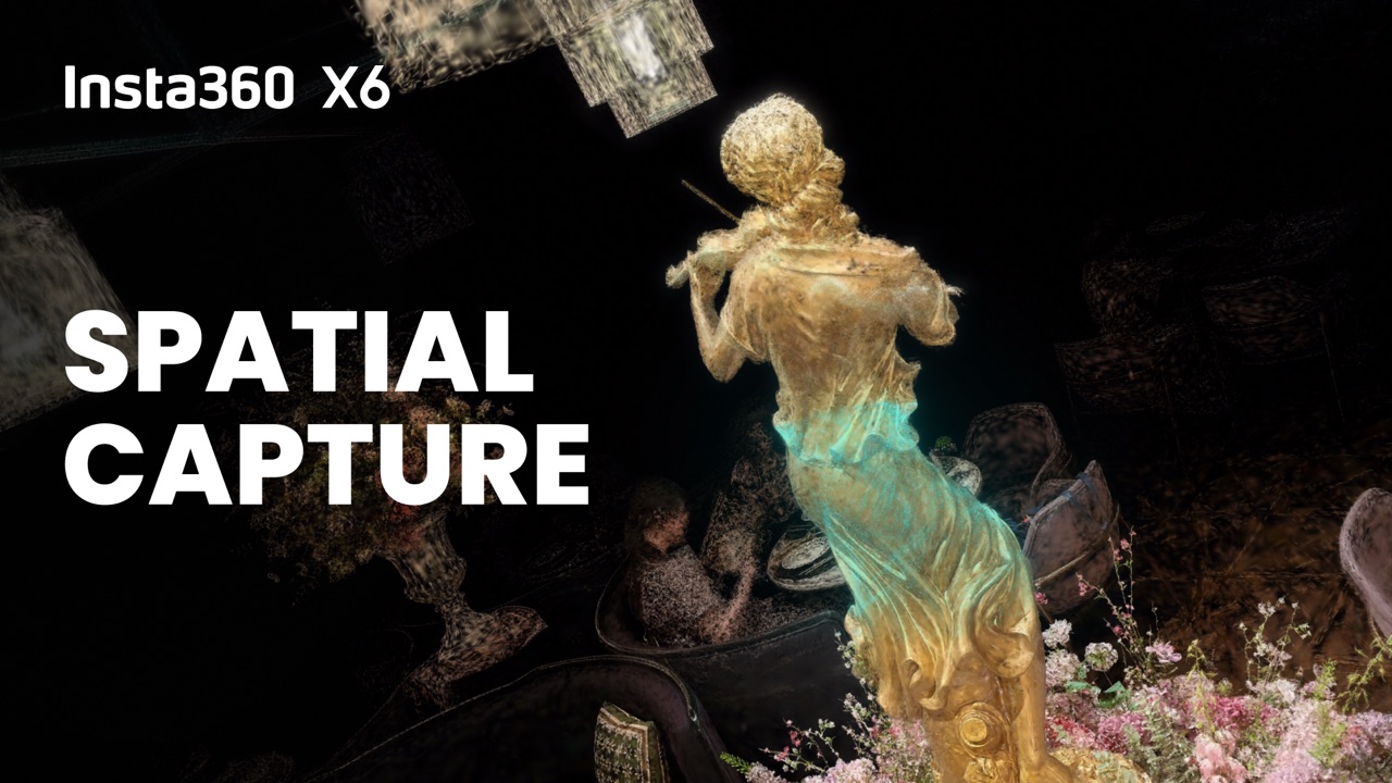 Insta360 Spatial Capture artwork showing a reconstructed statue and its surroundings