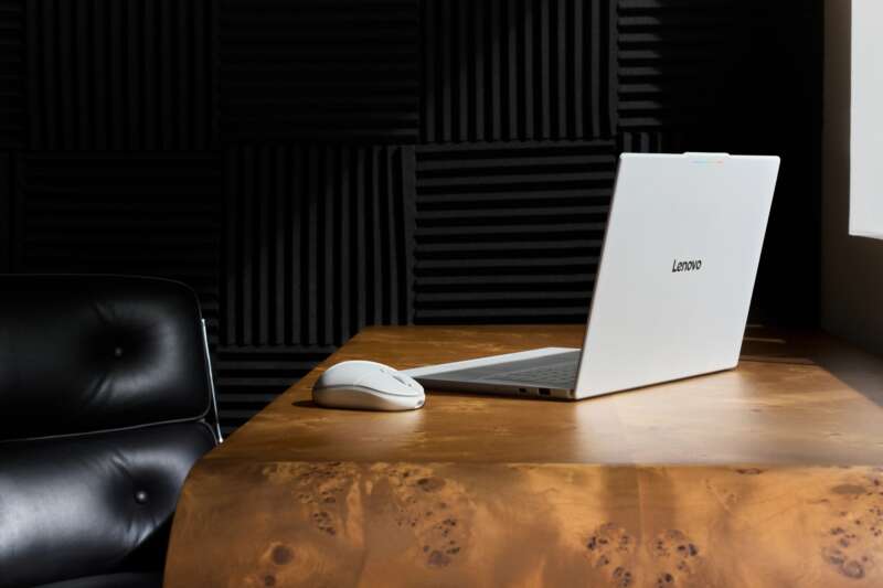 Lenovo Googlebook 15 and AI Mouse on a wooden studio desk