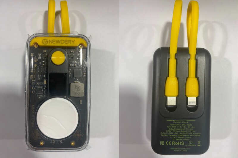 Front and back of the recalled NEWDERY ZHX-PB22 power bank, with the model label visible on the back