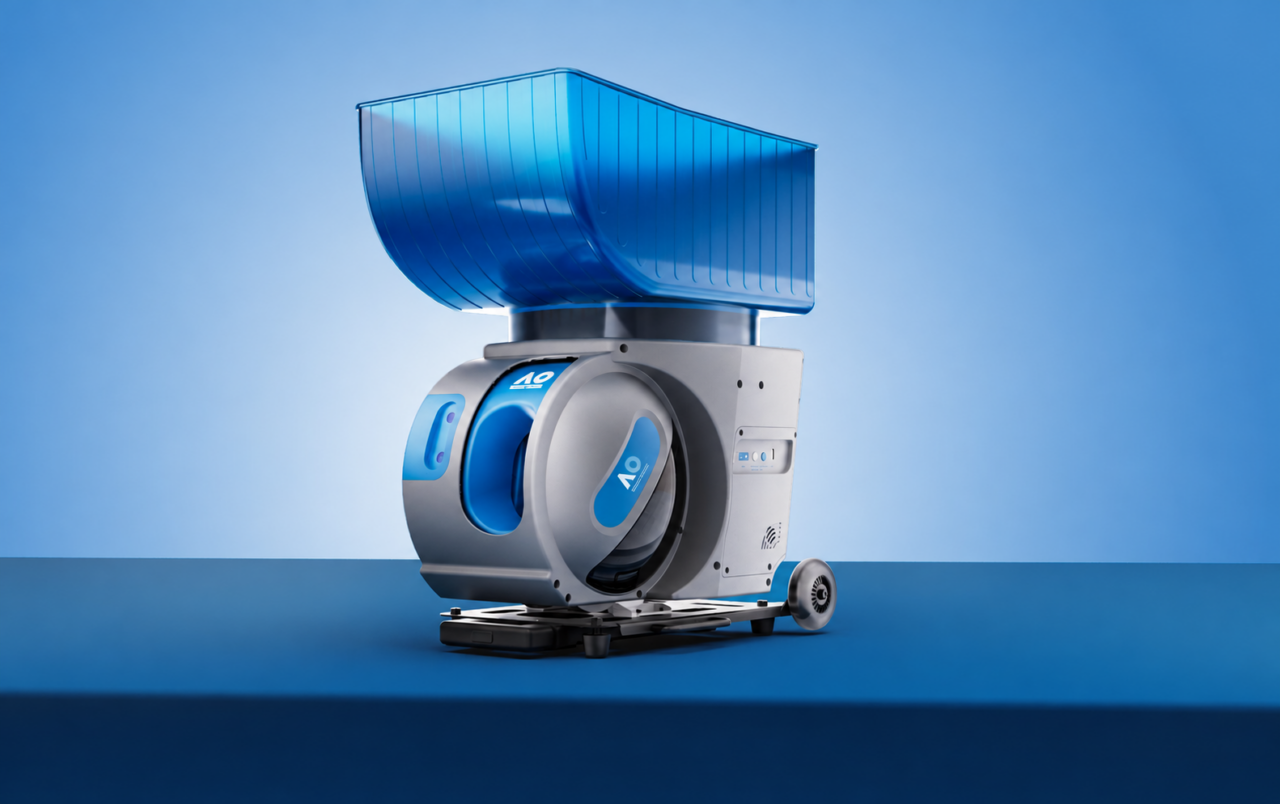 AO Pace S Pro ball machine on a blue background.