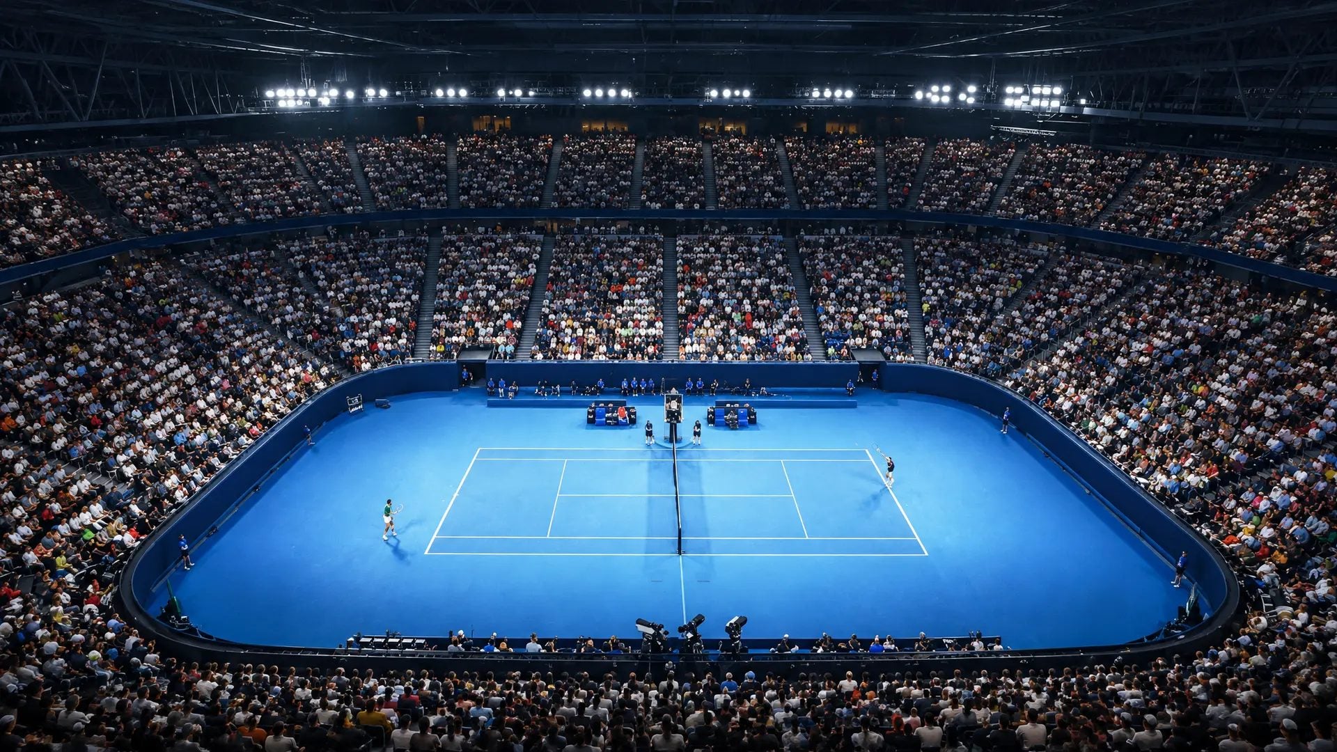 Wide view of a blue tennis court and spectator stands, from Pongbot’s Australian Open partnership page.