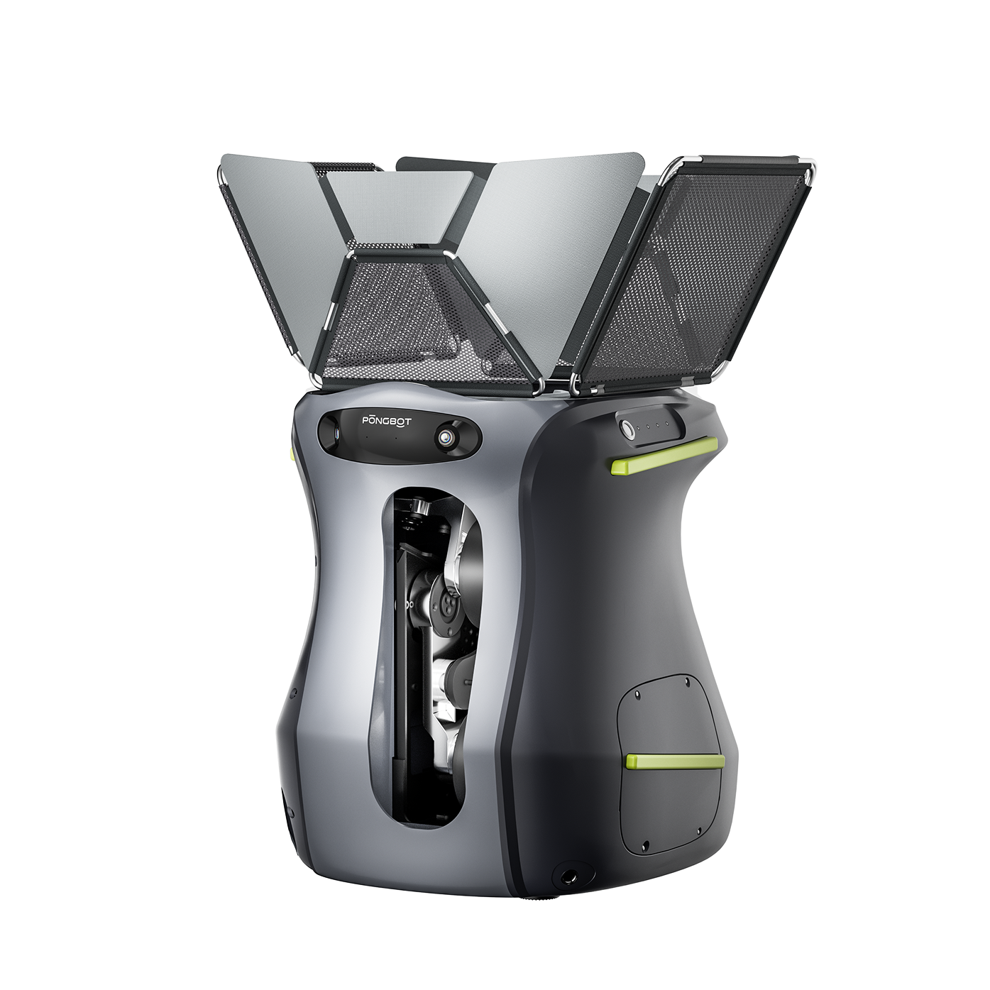 Pongbot Aura S with the dual-camera Spotter module mounted beneath its hopper.