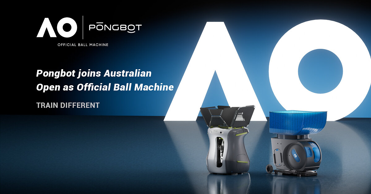 Official Pongbot and Australian Open announcement graphic showing Aura and the blue AO Pace S Pro.