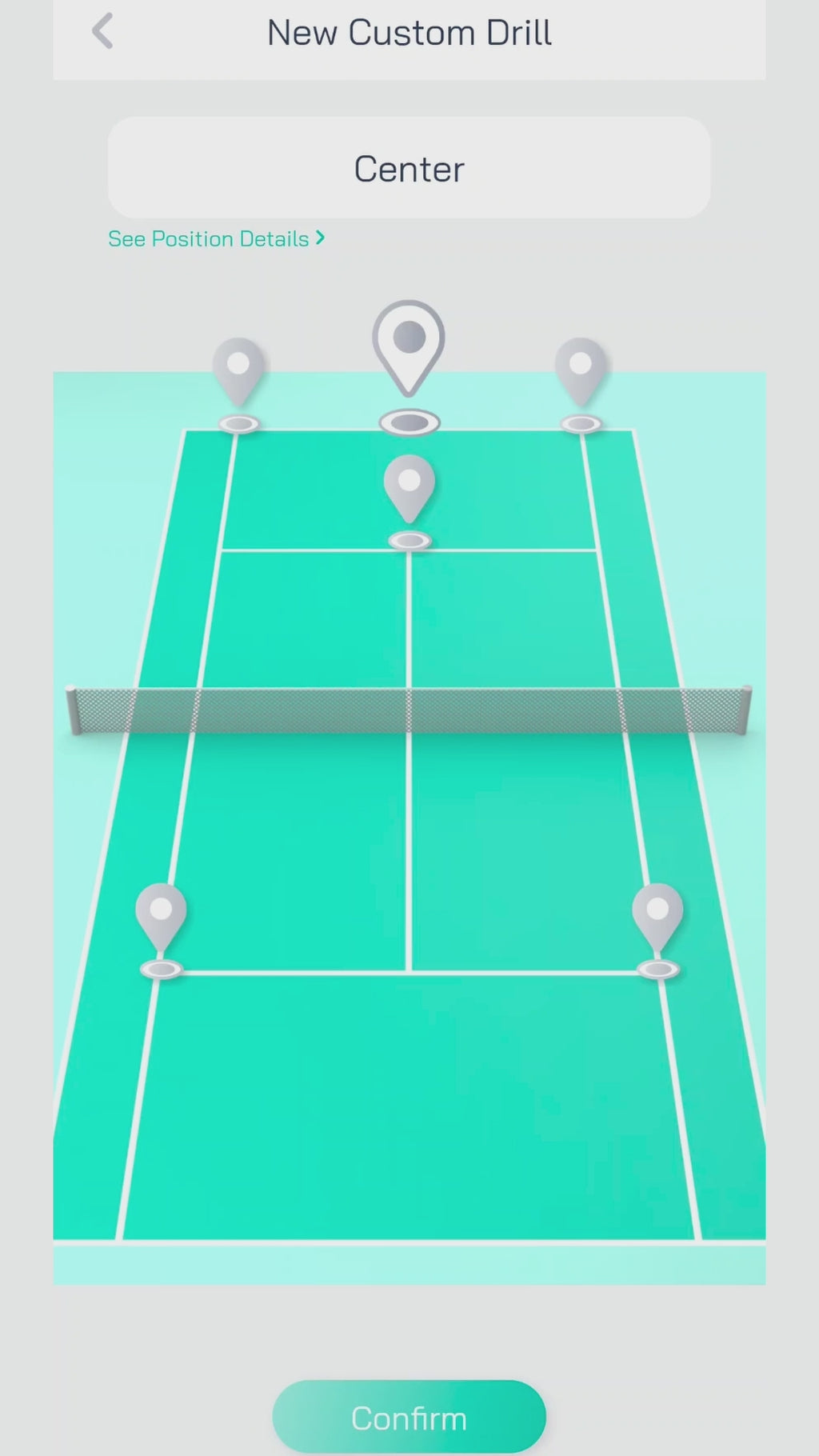 Pongbot app custom drill screen showing positions on a tennis court.