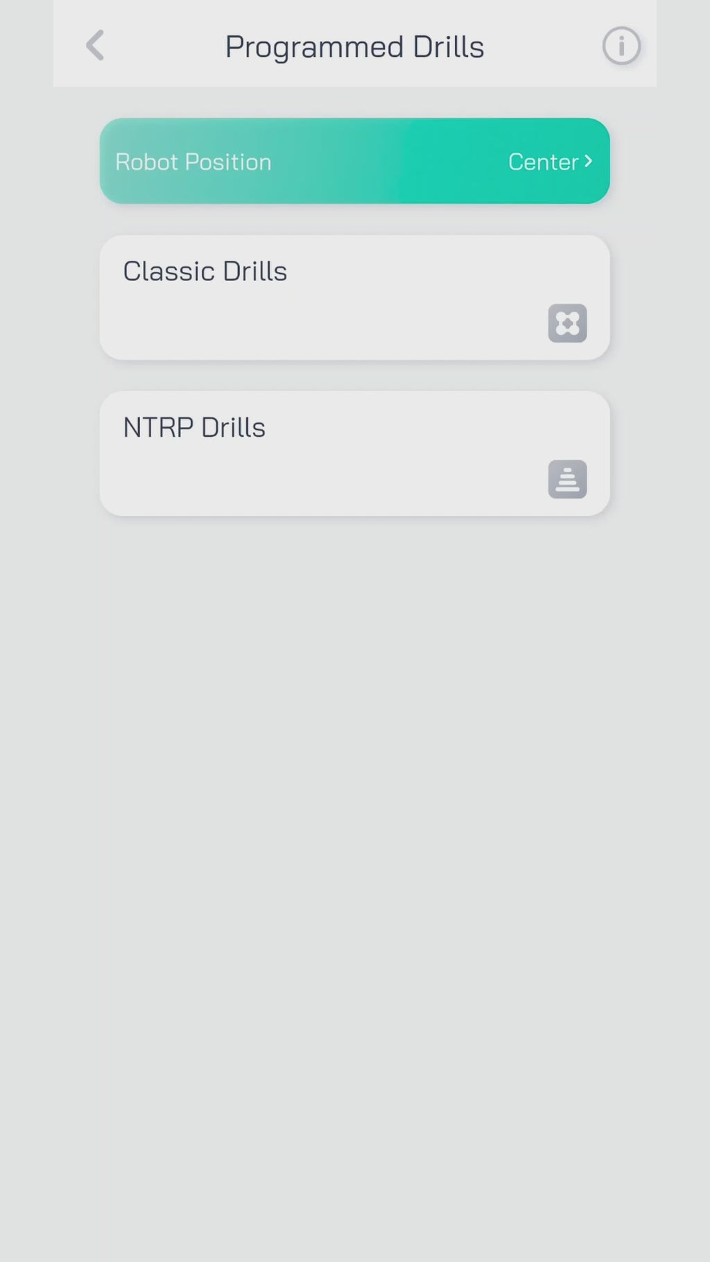 Pongbot app screen listing programmed drill categories.