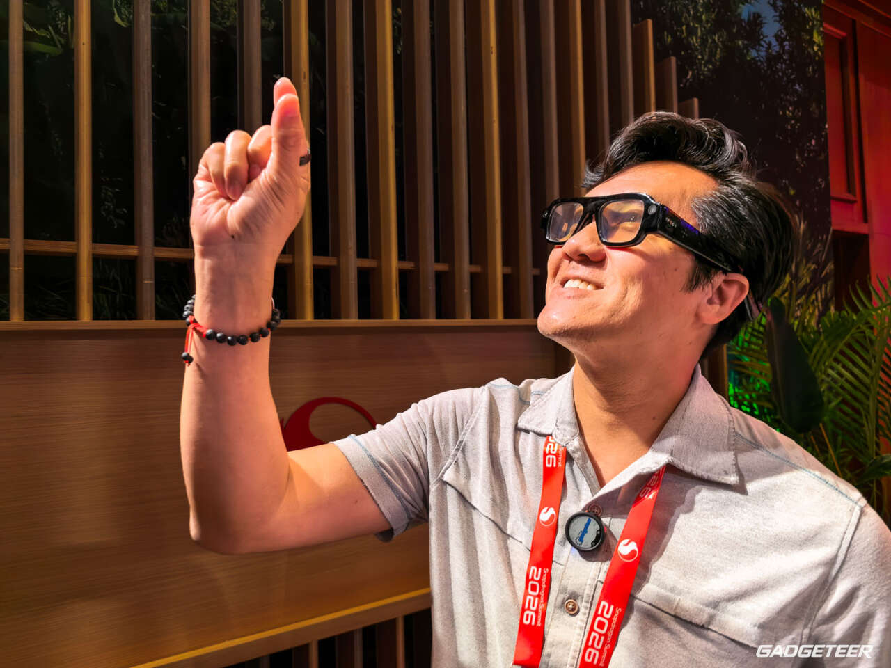 Vincent wearing Snap SPECS AR glasses and gesturing during a hands-on demo