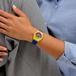 Swatch Round Unisex Casual Watch Bio-sourced Yellow Quartz Water Resistant Timing is Everything