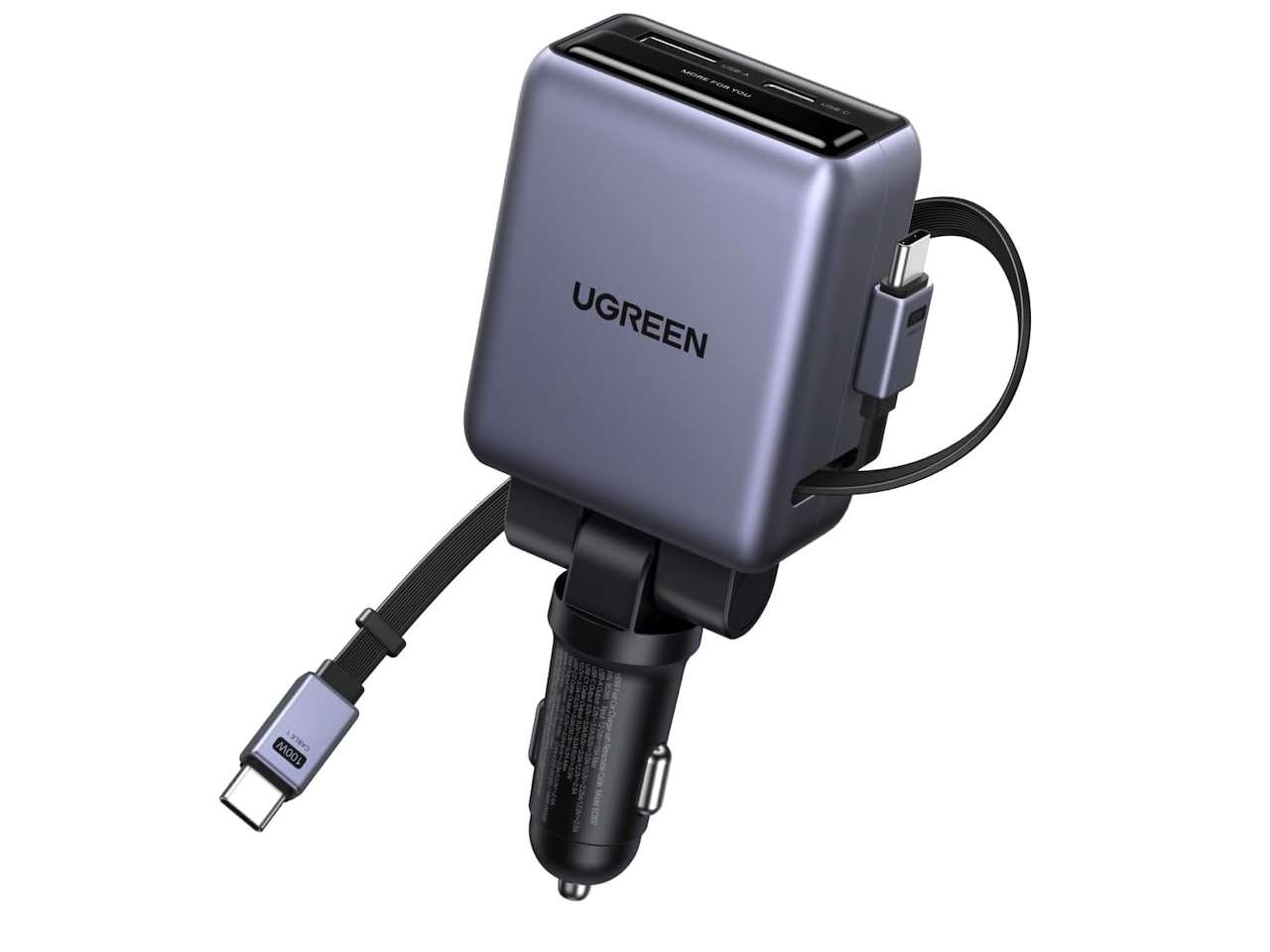 UGREEN 150W 4-Port Retractable Car Charger with 100W Retractable Cable
