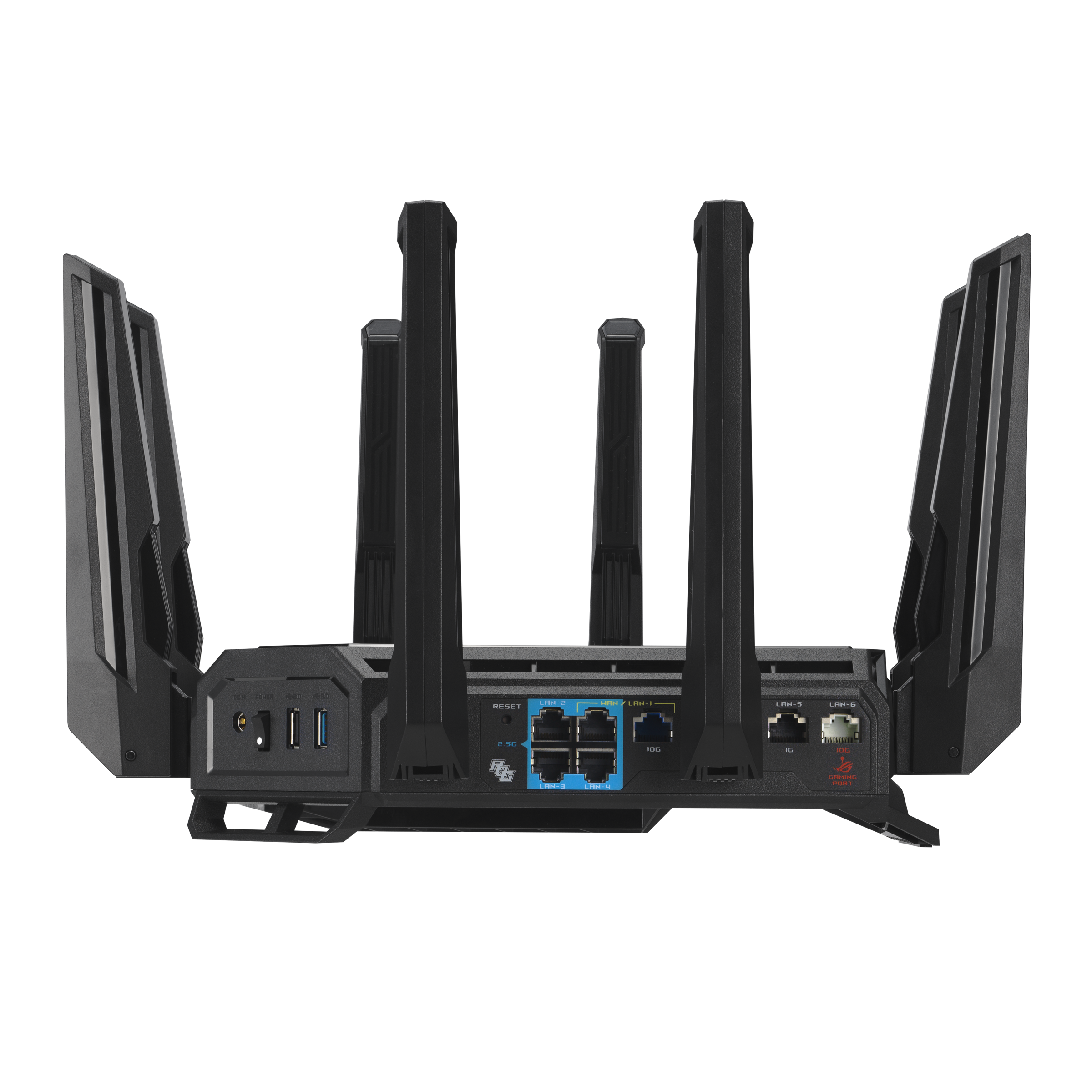 Rear panel of an ASUS ROG Rapture GT-BE19000 router showing Ethernet and USB ports