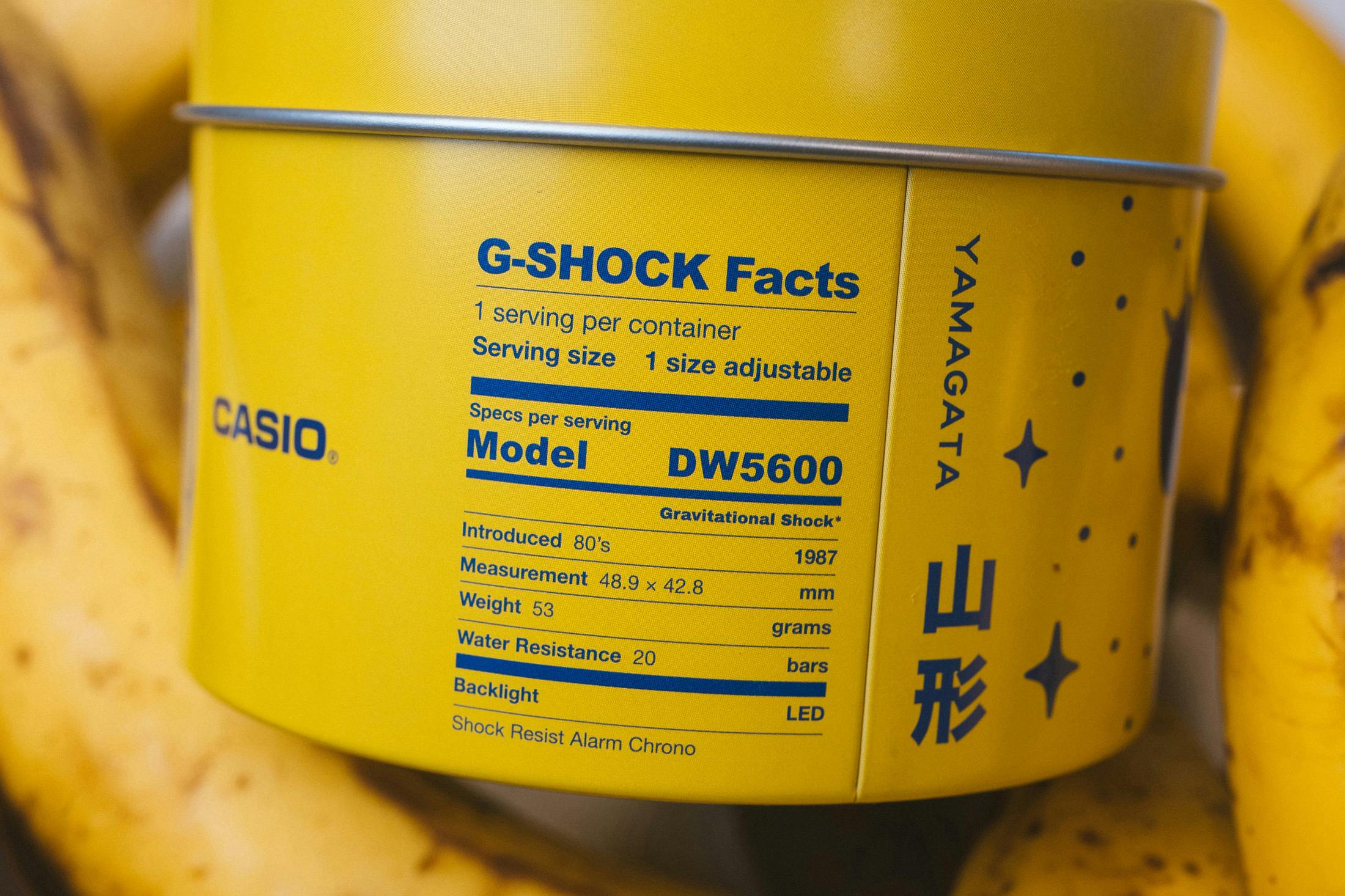 Yellow BAIT G-Shock tin with nutrition-label-style watch specifications.