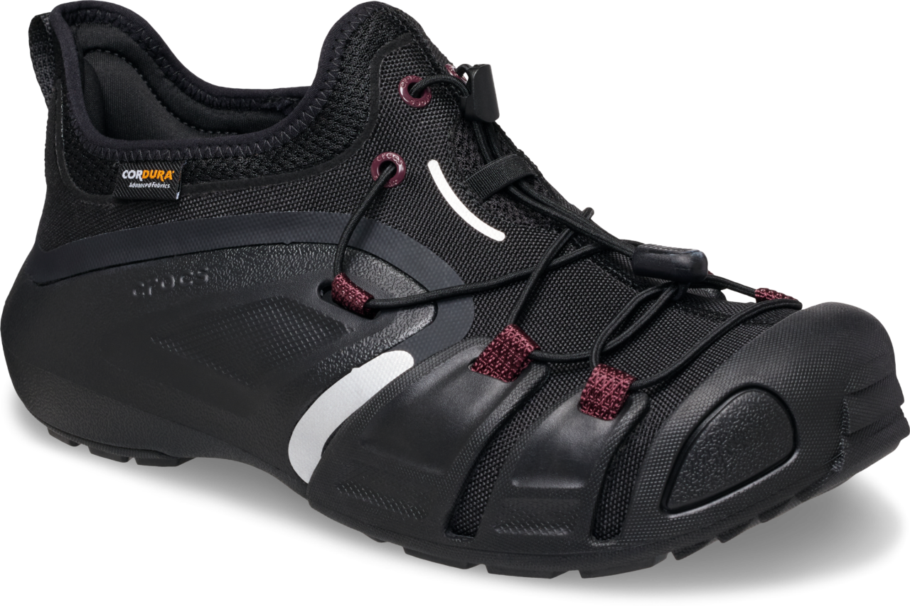 Crocs Quick Trail Racer V2 Cordura in Black/Carbon, shown at a front three-quarter angle with a rubber toe wrap, toggle laces, burgundy loops and white accents. Official Crocs product image.