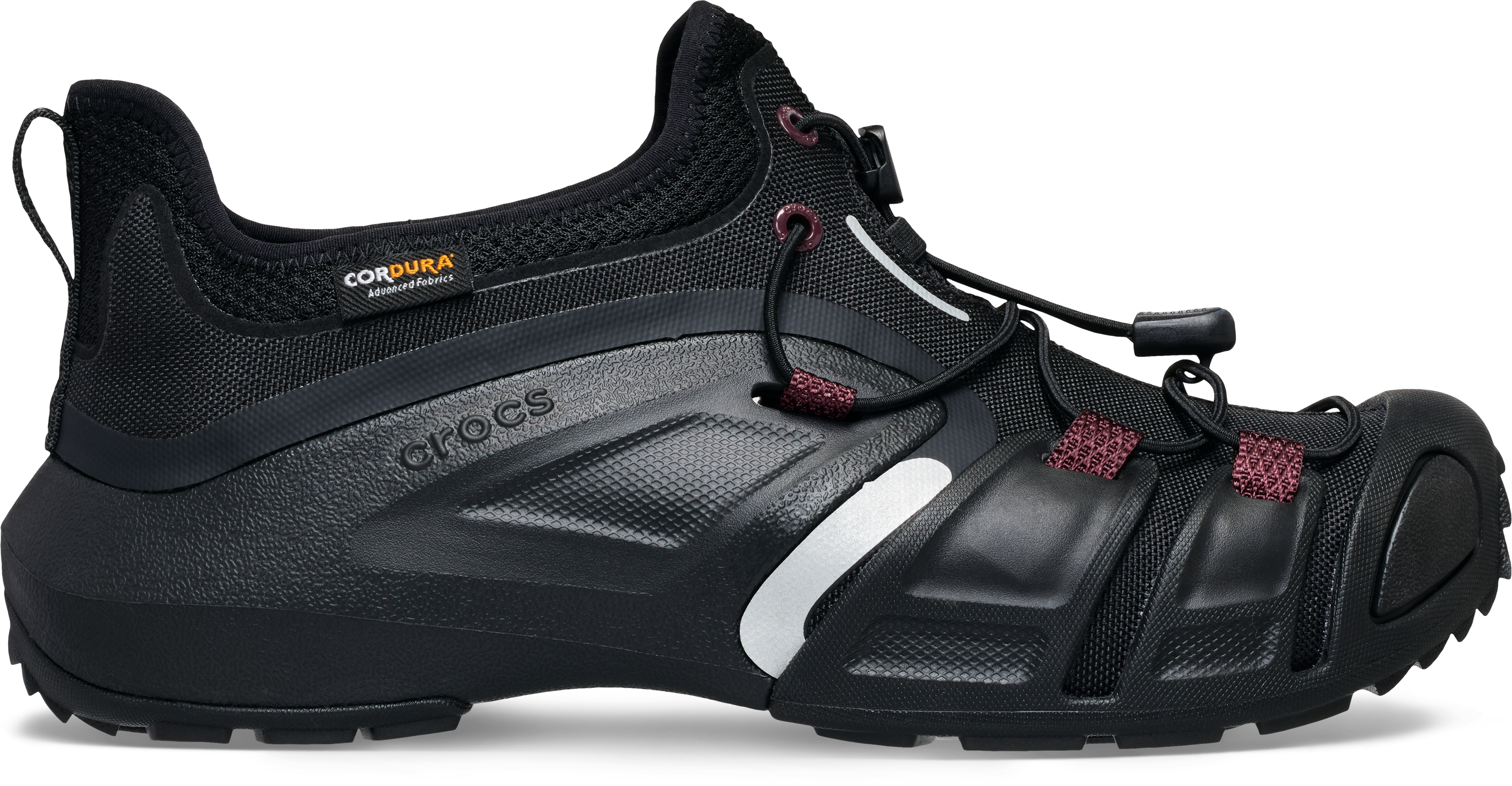Side view of the Black/Carbon Crocs Quick Trail Racer V2 Cordura showing the fabric upper, enclosed heel and rubber wrap around the sole and toe. Official Crocs product image.