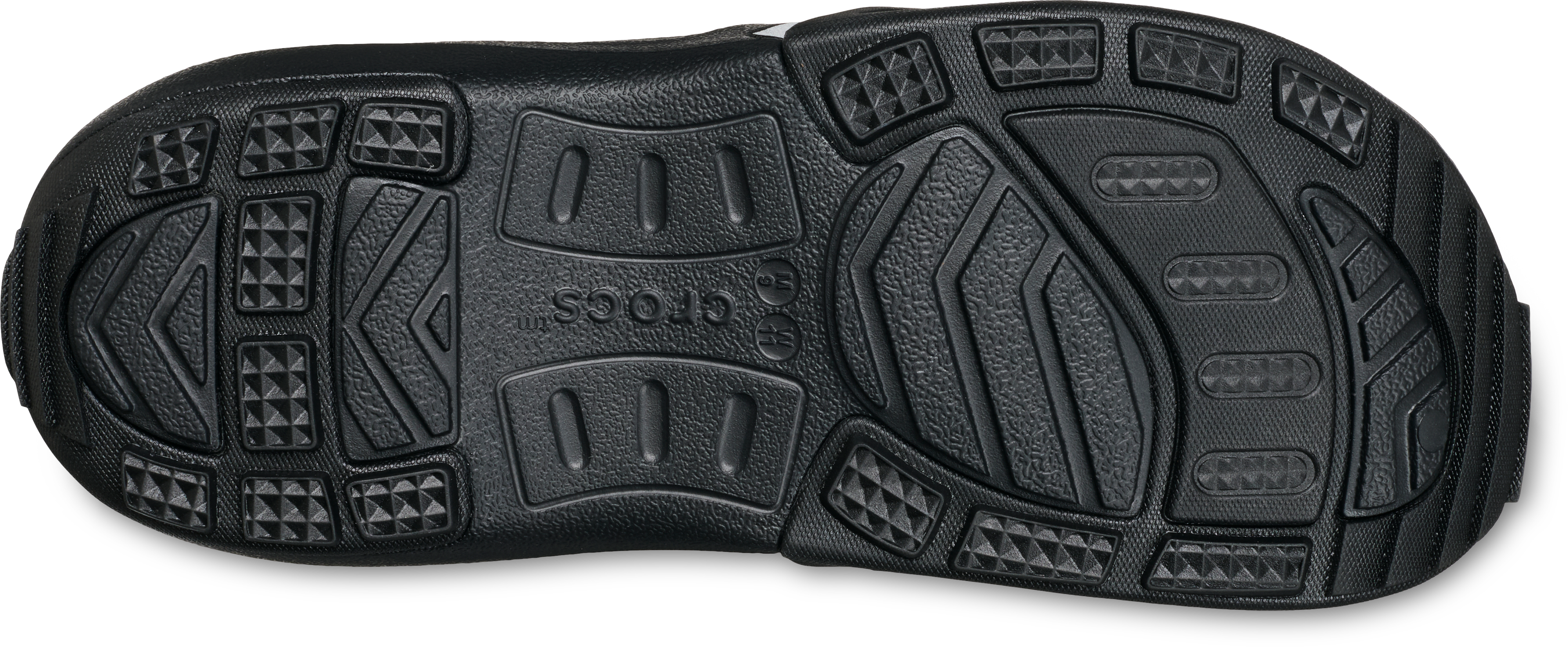 Bottom view of the Crocs Quick Trail Racer V2 Cordura rubber outsole, showing separate tread patterns at the heel and forefoot. Official Crocs product image.