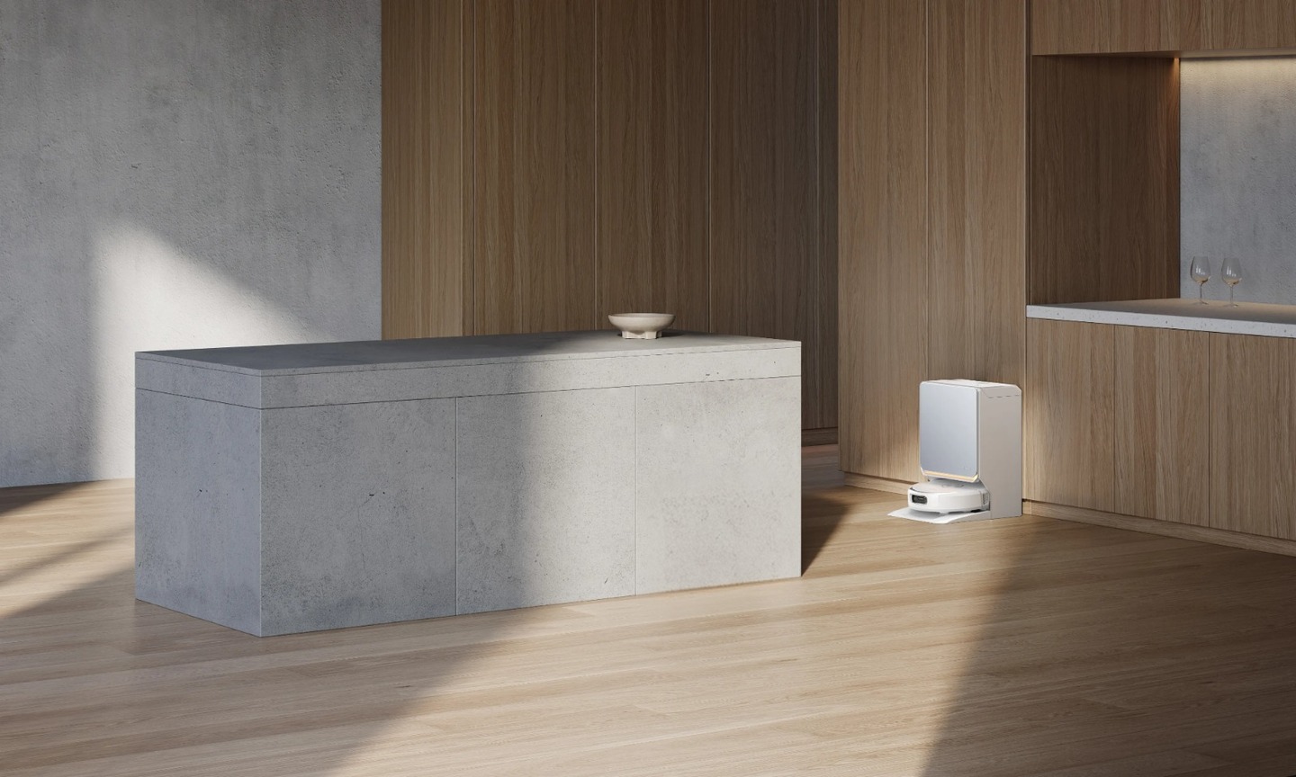 White Narwal Flow 2 robot and dock beside a kitchen island