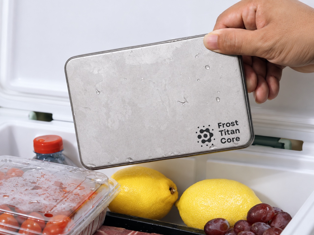 A hand lifting the Frost Titan Core Plate from a packed cooler