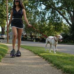 Outdoor dog-walking lifestyle photograph; black Dusk worn over shoes; visible illuminated strip; no overlay