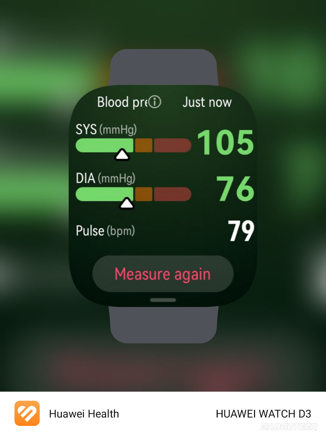 Our first reading shared from Huawei Health: 105 over 76 mmHg and pulse 79 bpm