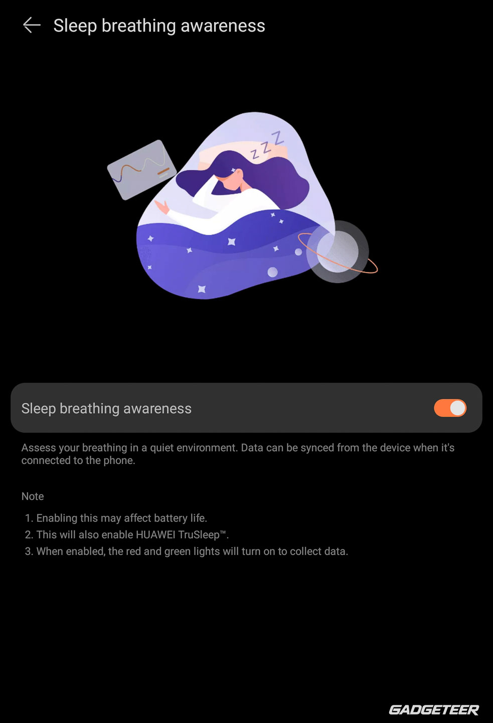 Sleep breathing awareness enabled in our Huawei Health setup