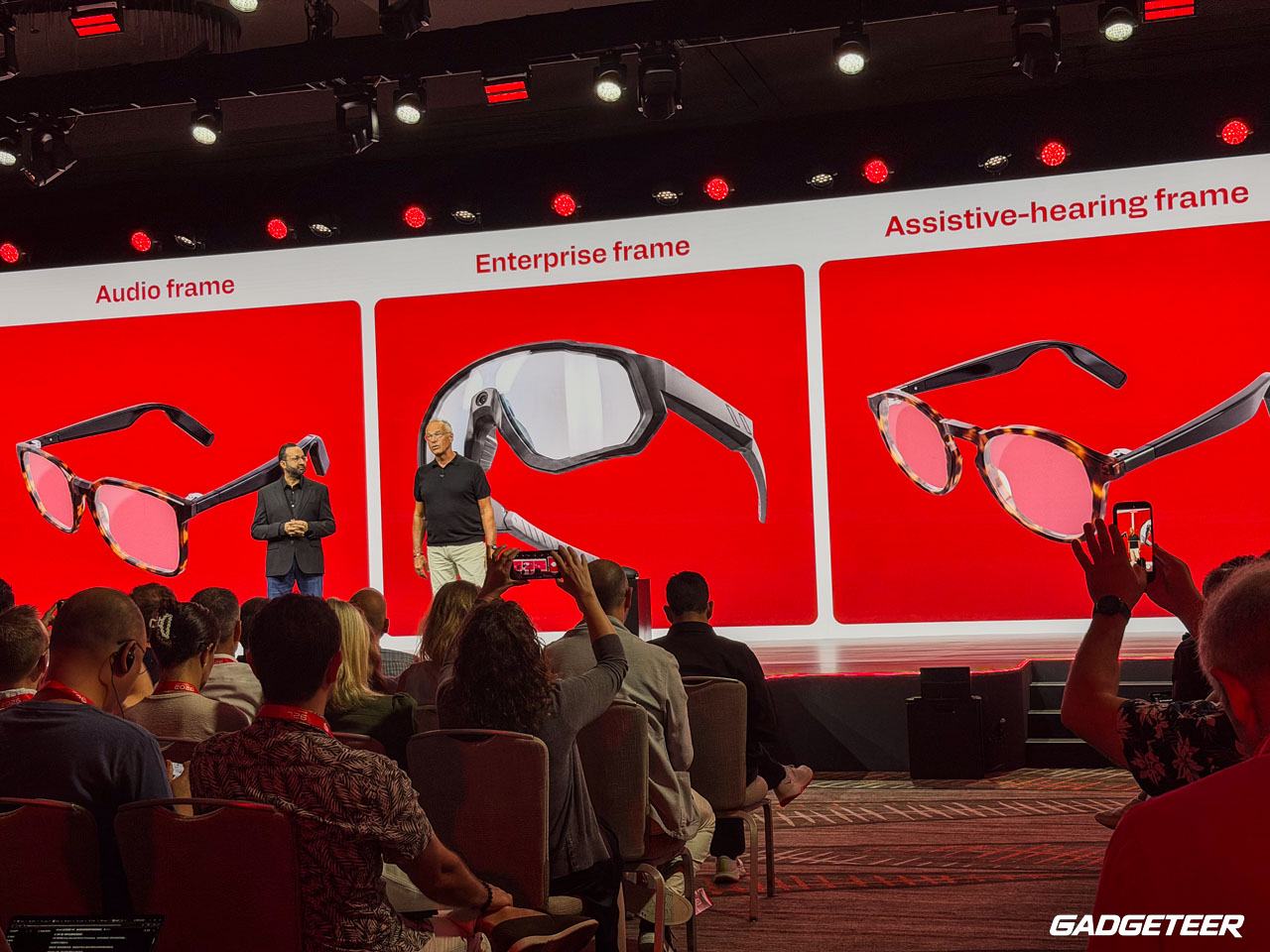 Three Inspecs smart-glasses frame concepts shown side by side