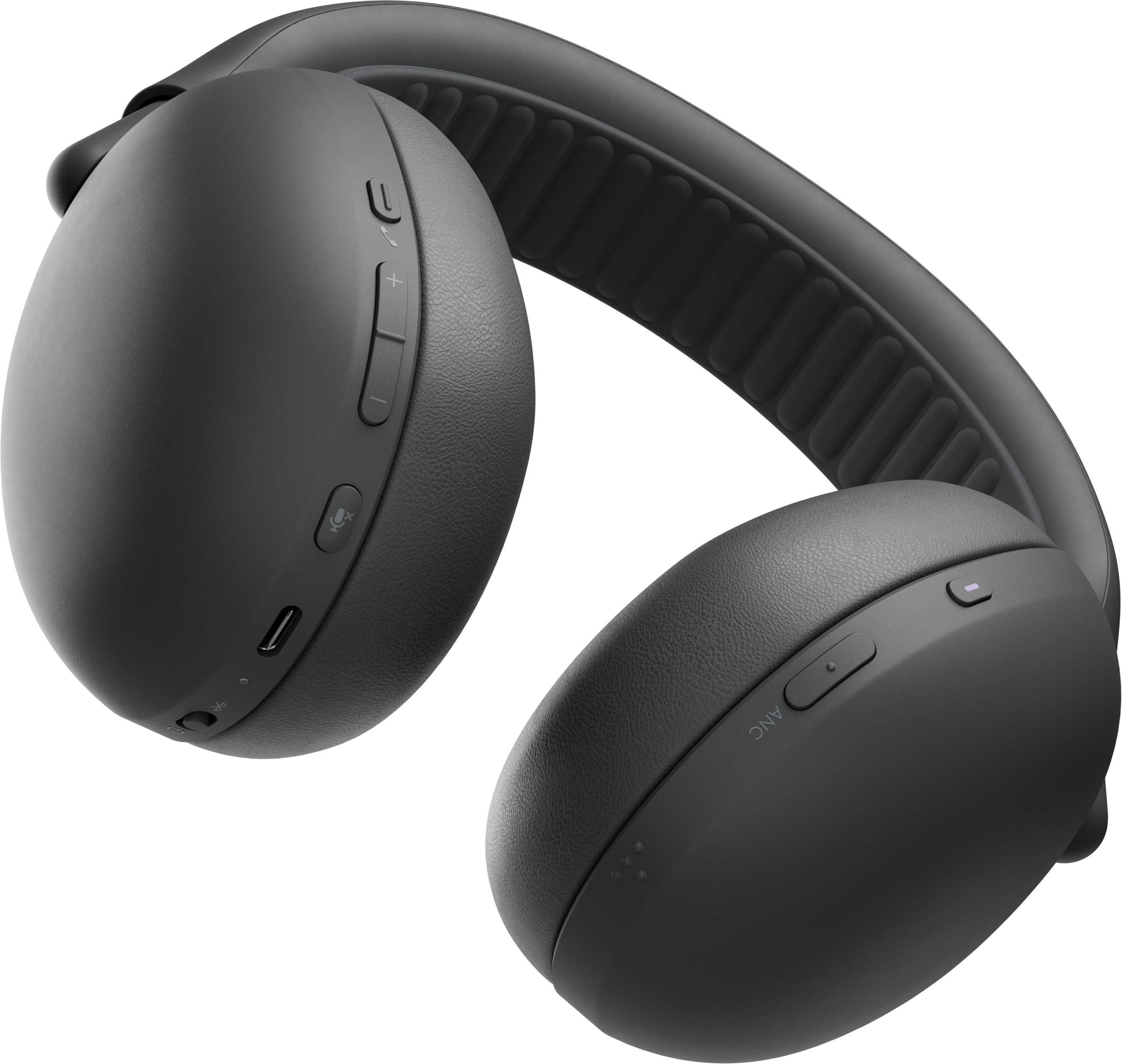 Close-up of Logitech Zone Vibe Pro Graphite earcups showing mute, volume, call, ANC, and USB-C controls.