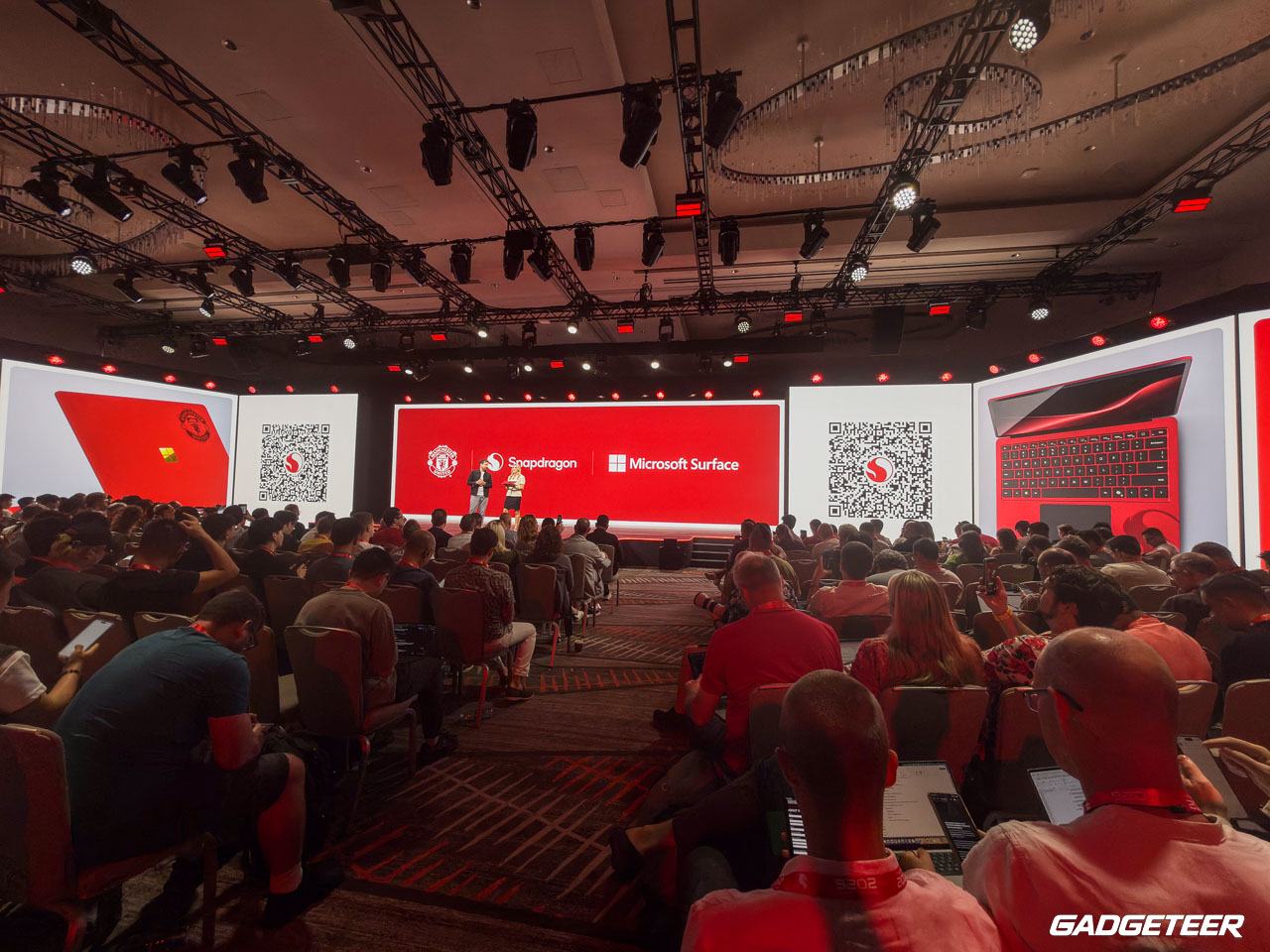 Open Manchester United Surface Laptop pictured on the keynote screen