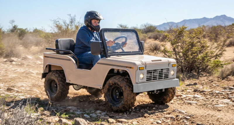 Cream Massimo Mini Truck with a helmeted rider on a dirt trail