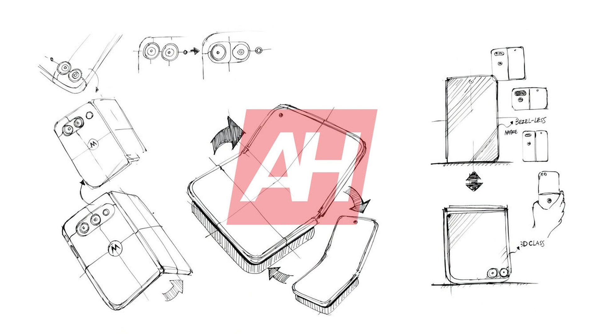 Third leaked Motorola wide-foldable design sketch published by Android Headlines, showing camera-bar studies, opening and folding views, and exterior treatments. Anonymous source; unconfirmed design drawings, not tested hardware. Original AH watermark retained.