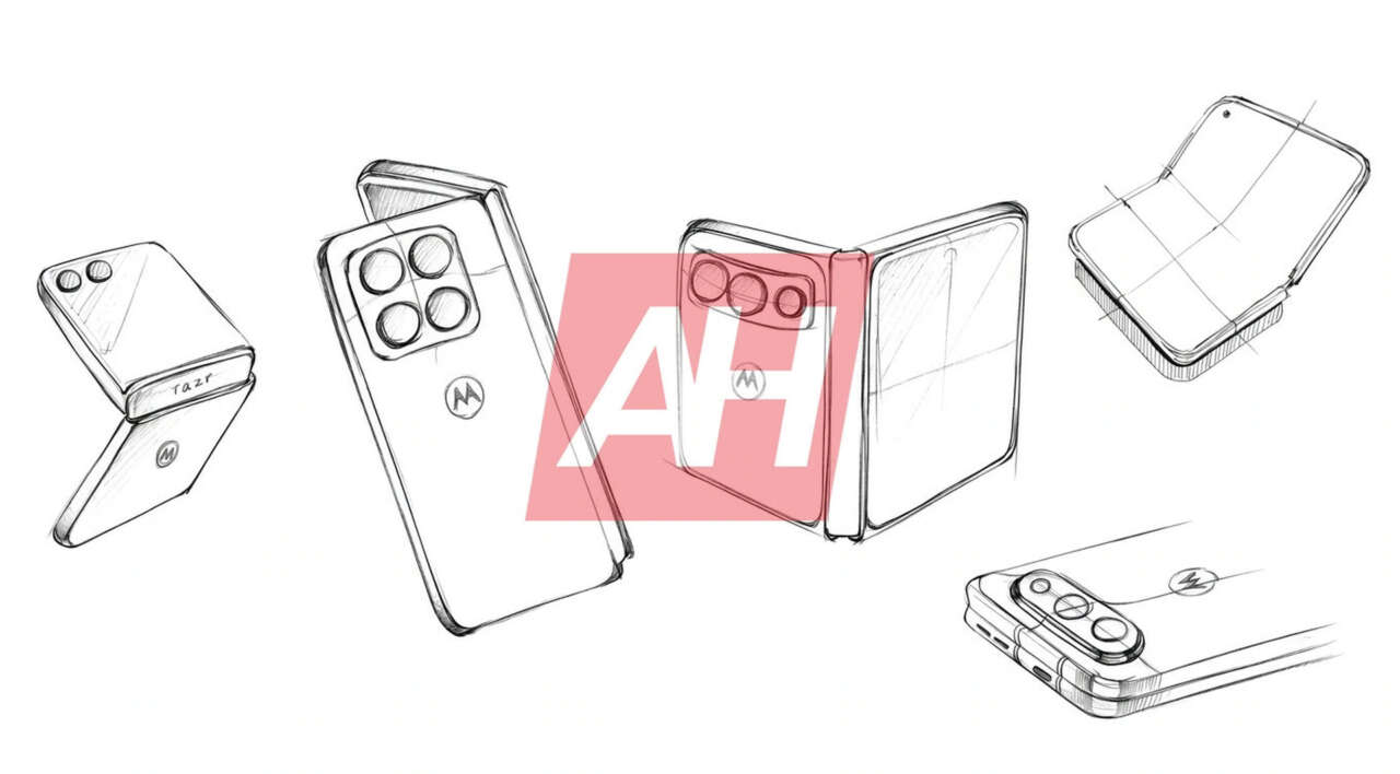 Leaked Motorola design overview published by Android Headlines: proposed wide foldable beside book-style and flip models, with a horizontal camera bar. Supplied by an anonymous source; unconfirmed design sketch, not a product photograph. AH watermark retained.