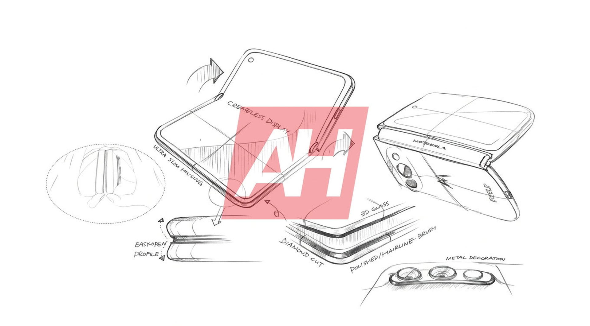 Leaked Motorola wide-foldable detail sketch published by Android Headlines, showing unfolded and rear views, a horizontal camera bar, and an easy-open edge profile. Labels including creaseless display are unverified design claims. Anonymous source; AH watermark retained.