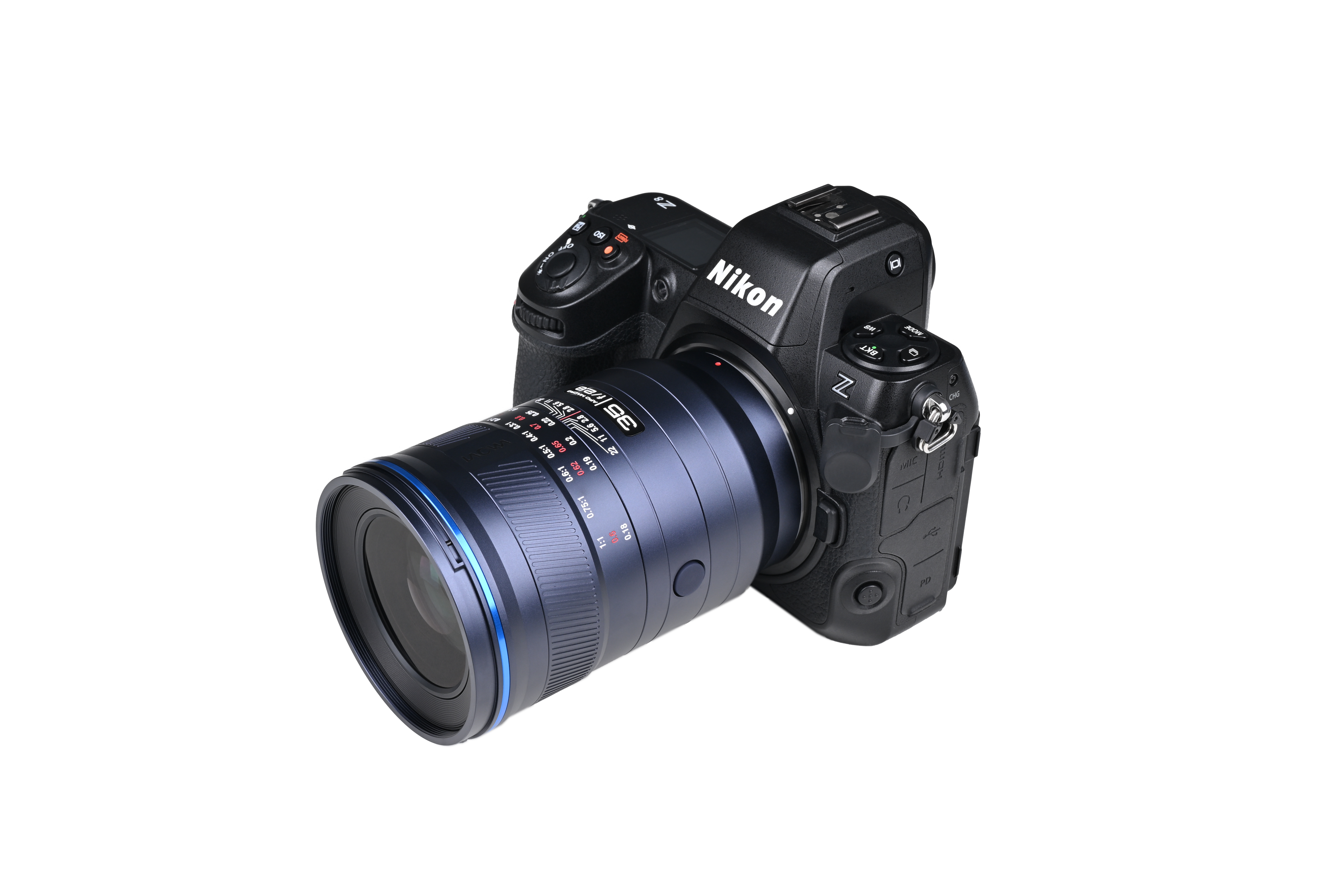 Laowa Acris 35mm macro lens mounted on Nikon Z8, viewed from above and the front.